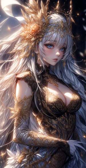 1 girl, queen of light, beautiful face, kind face, very long white hair, glowing hair, bright yellow eyes, bright golden crown, wearing a detailed bright golden white-yellow dress, ornate dress with black filigree design, summer, fairytale location, sun background, beams light effect, weapon, holding a magic light sword, magic sword side view, side view, close-up, upper body, destiny /(takt op./), fate, fantasy,destiny /(takt op./)