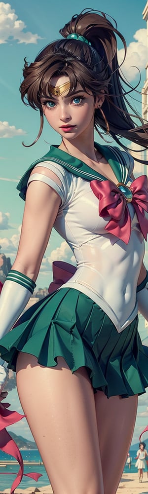((masterpiece, best quality)), Sailor moon, antonella roccuzzo, green mini skirt, sexy, curvy body, full lips, brown hair in ponytail, detailed face,perfect eyes,detailed hands,light background,mix of fantasy and realistic elements,vibrant manga,uhd picture , crystal translucency, vibrant artwork, smjupiter, dynamic pose, action pose, sailor jupiter
