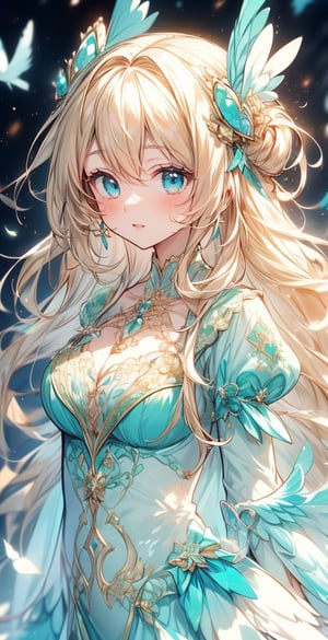 ((best quality)), ((masterpiece)), ((best illustration)), ((anime artwork)), Odette from the swan princess, long cascading blonde hair, long hair, blonde curly hair, detailed green eyes, bright green eyes, Wearing alluring medieval-styled dress, flowing white dress with teal accents, dress enhanced by intricate details, puffed sleeves, (wearing gold heart-shaped locket), Alluring, sweet, on eye level, scenic, masterpiece, 1 girl, hyperdetailed face, full lips, background is stone bridge and waterfall, swans, feathers, medeival 