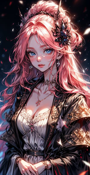 ((best quality)), ((masterpiece)), ((best illustration)), ((anime artwork)), Picture a girl with endearing pink hair and captivating pink eyes, bright ink eyes, her fair skin a delicate canvas. She wears captivating medieval styled elaborate purple dress, enhanced by intricate details, elegant earrings and elegant necklace. In the heart of a bustling medieval town, alluring, sweet, on eye level, scenic, masterpiece, 1 girl, makima,ranni, hyperdetailed face, full lips