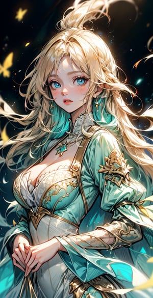 ((best quality)), ((masterpiece)), ((best illustration)), ((anime artwork)), Odette from the swan princess, long cascading blonde hair, long hair, blonde curly hair, detailed green eyes, bright green eyes, Wearing alluring medieval-styled dress, flowing white dress with teal accents, dress enhanced by intricate details, puffed sleeves, (wearing gold heart-shaped locket), Alluring, sweet, on eye level, scenic, masterpiece, 1 girl, hyperdetailed face, full lips, background is stone bridge and waterfall