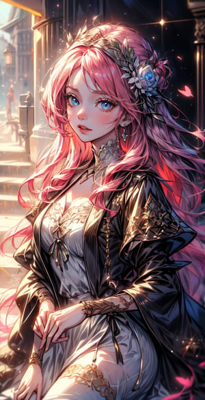 ((best quality)), ((masterpiece)), ((best illustration)), ((anime artwork)), Picture a girl with endearing pink hair and captivating green eyes, bright green eyes, skin. Wearing alluring medieval-styled dress, elaborate purple dress, purple dress enhanced by intricate details, and elegant jewelry.  Alluring, sweet, on eye level, scenic, masterpiece, 1 girl, makima,ranni, hyperdetailed face, full lips, background is a medieval village. 