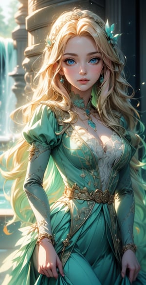 ((best quality)), ((masterpiece)), ((best illustration)), ((anime artwork)), Odette from the swan princess, long cascading blonde hair, long hair, curly hair, detailed green eyes, bright green eyes, Wearing alluring medieval-styled dress, flowing white dress with teal puffed sleeves and teal belt, dress enhanced by intricate details, wearing gold heart-shaped locket, Alluring, sweet, on eye level, scenic, masterpiece, 1 girl, hyperdetailed face, full lips, background is stone bridge and waterfall