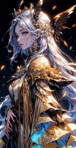 1 girl, queen of light, beautiful face, kind face, very long white hair, glowing hair, bright yellow eyes, bright golden crown, wearing a detailed bright golden white-yellow dress, ornate dress with black filigree design, summer, fairytale location, sun background, beams light effect, weapon, holding a magic light sword, magic sword side view, side view, close-up, upper body, destiny /(takt op./), fate, fantasy