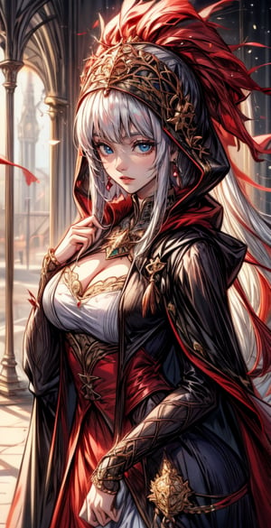 ((best quality)), ((masterpiece)), ((best illustration)), ((anime artwork)), Red-cloaked market girl with endearing white hair and captivating green eyes, her fair skin a delicate canvas. She wears captivating medieval styled elaborate dress, ornate red cloak, red cloak with hood enhanced by intricate details, and dons elegant earrings that reflect her style. In the heart of a bustling medieval town, she adds a touch of allure and mystique to the scene, on eye level, scenic, masterpiece, 1 girl, makima