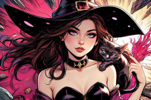 American comic book style digital illustration of a young witch with her feline companion. Dynamic composition with bold lines and vibrant colors.

The witch: Stunning young woman with long, flowing brunette hair in dramatic waves. Large, expressive almond-shaped eyes with a hint of pastel pink in the iris. Exaggerated makeup with thick eyelashes and berry coloured lips. Fair skin with high contrast shadows.

Attire: Oversized witch hat with sharp, angular design. Hat decorated with bold, star-shaped cut-outs and a prominent, glowing gem on the brim. Form-fitting witch dress with exaggerated curves and flowing cape-like elements.

Familiar: Sleek, cat perched on the witch's shoulder. Stylized features with large, gleaming eyes and a slightly curved tail. Simplified yet expressive design.

Background: whimsical, magic-inspired backdrop with bursts of stars. Swirling energy patterns in pink and gold add dynamic elements.

Style elements:
- Strong, black outlines around all figures and major elements
- Flat color fills with strategic shading for depth
- Exaggerated facial features and expressions
- High contrast lighting with dramatic shadows
- Simplified yet impactful details
- Bold, eye-catching color palette focusing on white, black, pink, and gold

Composition: Witch and cat positioned slightly off-center for visual interest. Diagonal lines and swirling elements to guide the eye.

Overall mood: Mysterious, powerful, and slightly edgy, capturing the essence of modern American comic book art.
