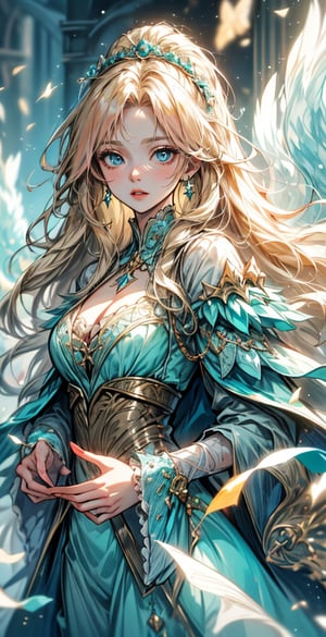 ((best quality)), ((masterpiece)), ((best illustration)), ((anime artwork)), Odette from the swan princess, long cascading blonde hair, long hair, blonde curly hair, detailed green eyes, bright green eyes, Wearing alluring medieval-styled dress, flowing white dress with teal puffed sleeves and teal belt, dress enhanced by intricate details, wearing gold heart-shaped locket, Alluring, sweet, on eye level, scenic, masterpiece, 1 girl, hyperdetailed face, full lips, background is stone bridge and waterfall