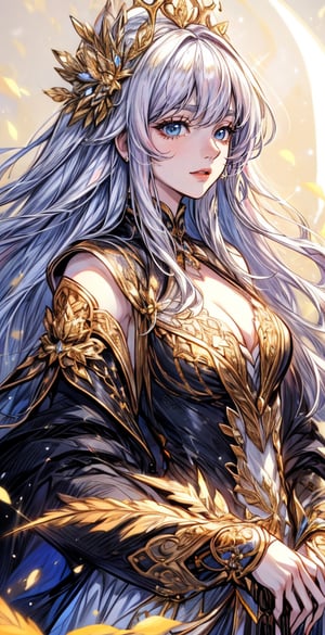1 girl, queen of light, beautiful face, kind face, very long white hair, glowing hair, bright yellow eyes, bright golden crown, wearing a detailed bright golden white-yellow dress, ornate dress with black filigree design, summer, fairytale location, sun background, beams light effect, weapon, holding a magic light sword, magic sword side view, side view, close-up, upper body, destiny /(takt op./), fate, fantasy,destiny /(takt op./)