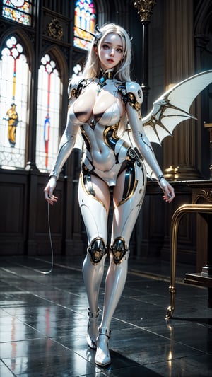 "Photorealistic image, cyborg succubus with ((white Glossy plastic skin)), glossy and reflective surface,  ((white demon wings)), rule of thirds composition, golden hour lighting, Inside Cathedral, high contrast,cyborg,dynamic Angle,Full Body,Seductive Pose,big_boobies