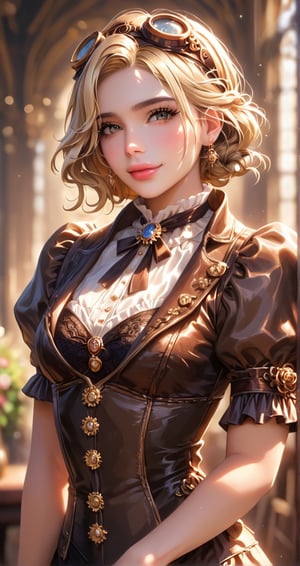 cinematic film still beautiful portrait of a beautiful girl, brunette, blonde tps, steampunk outfit, brown steampunk jacket, white victorian blouse, brown steampunk victorian pants, steampunk goggles, busy victorian street, cowboy shot, looking at viewer, shallow depth of field, vignette, highly detailed, high budget, bokeh, cinemascope, moody, epic, gorgeous, film grain, grainy,score_9, score_8_up, score_7_up