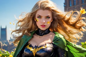 1girl, solo, long hair, breasts, looking at viewer, blonde hair, cleavage, bare shoulders, medium breasts, green eyes, upper body, parted lips, batgirl, cape, armor, lips, petals, strapless, wind