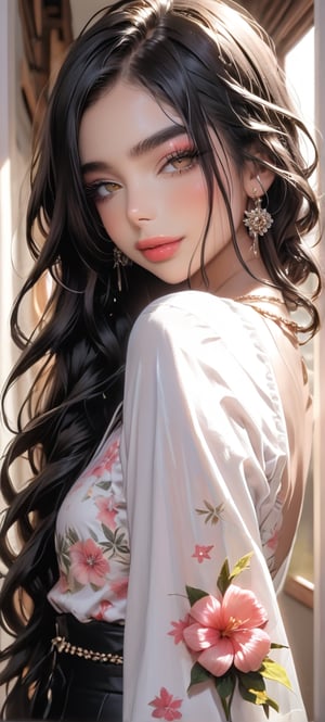 the cover of a magazine depicts a beautiful woman with a floral print dress, 1girl, solo, jewelry, earrings, flower, looking at viewer, half-closed eyes, eyeshadow, more_details:1.5 Highly detailed face and hair, anime, beautiful, best resolution, perfect face and body, intricate details, detailed face, Woman, black hair, curly hair, long hair, olive eyes, slim waist, light skin,shdl