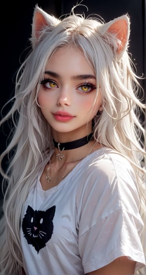 score_9,score_8_up, 1girl, sexy 30 year old, cute face, studio photo, light yellow eyes, white hair, long hair, voluminous hair, messy hair, choker, goth clothes, fully clothed, tall, oversized cat ears, long fluffy tail, cinematic lighting, neon,