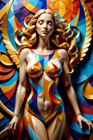 Create an artwork depicting the body of strong angelic woman made of the Penrose Pattern using the Golden Ratio, intricate detail, vibrant colors, geometry, cinematic lighting, depth of field, extremely detailed, glass-like textures, dynamic poses, full range of colors, photorealistic, 4k, Cubist artwork ,dripping paint.
