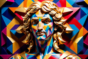 Create an artwork depicting a strong angelic man made of the Penrose Pattern using the Golden Ratio, intricate detail, vibrant colors, geometry, cinematic lighting, depth of field, 4k, Cubist artwork.,dripping paint