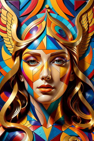 Create an artwork depicting the body of strong angelic woman made of the Penrose Pattern using the Golden Ratio, intricate detail, vibrant colors, geometry, cinematic lighting, depth of field, extreme;y detailed, full range of colors, photorealistic, 4k, Cubist artwork ,dripping paint.