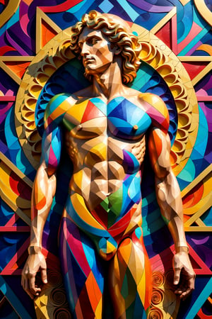 Create an artwork depicting the body of strong angelic man made of the Penrose Pattern using the Golden Ratio, intricate detail, vibrant colors, geometry, cinematic lighting, depth of field, extreme;y detailed, full range of colors, photorealistic, 4k, Cubist artwork ,dripping paint.