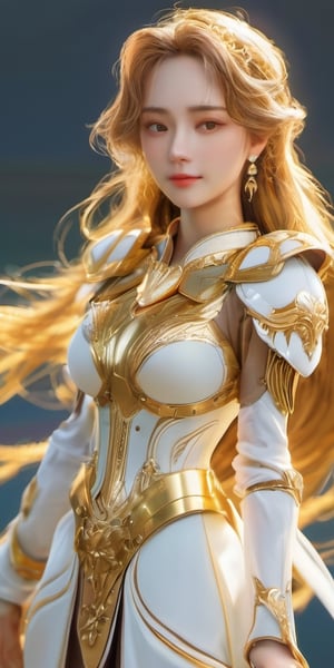 ((masterpiece)),((best quality)), 8k, high detailed, ultra-detailed, A girl with long flowing golden hair, ((golden eyebrows and irises)), radiating determination, wearing a confident smile, moving forward with courage, gold_ reverse_bikini_armor, donning golden wrist guards, and adorned in golden boots.