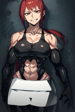 makima \(chainsaw man\)
Muscular female, buff woman, biceps, big bearsts, abs, very straight long hair, missy fuzzy hair, red_hair, linked tufts, shiny hair, shiny skin, emotionless eyes, red eyes, linked eyelashes, splenetic_expressions, smirking mouth, linked teeth, blushes, strappy_black_shirt, shaped clothes, elbow gloves,makima \(chainsaw man\),