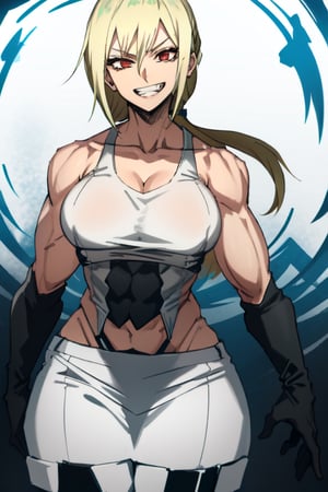 makima \(chainsaw man\)
Muscular female, buff woman, biceps, big bearsts, abs, very straight long hair, missy fuzzy hair, blonde hair, shiny hair, shiny skin, emotionless eyes, red eyes, linked eyelashes, splenetic_expressions, smirking mouth, linked teeth, blushes, strappy_black_shirt, shaped clothes, elbow gloves,makima \(chainsaw man\),caulifla