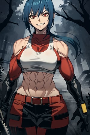 makima \(chainsaw man\)
Muscular female, buff woman, biceps, big bearsts, abs, very straight long hair, missy fuzzy hair, red hair, shiny hair, shiny skin, emotionless eyes, red eyes, linked eyelashes, splenetic_expressions, smirking mouth, linked teeth, blushes, strappy_black_shirt, shaped clothes, elbow gloves,makima \(chainsaw man\),