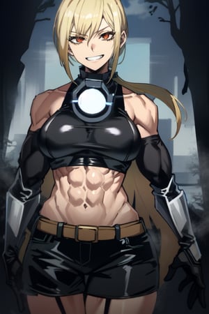 makima \(chainsaw man\)
Muscular female, buff woman, biceps, big bearsts, abs, very straight long hair, missy fuzzy hair, blonde hair, shiny hair, shiny skin, emotionless eyes, red eyes, linked eyelashes, splenetic_expressions, smirking mouth, linked teeth, blushes, strappy_black_shirt, shaped clothes, elbow gloves,makima \(chainsaw man\),