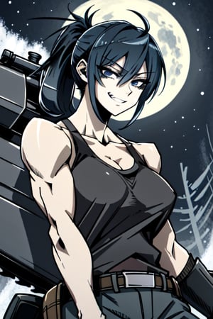 makima \(chainsaw man\), muscular_female, solo, buff_woman, biceps, very long ponytail hair, black hair, shiny hair, emotionless eyes, thick linked eyelashes, black eyes, tank top shirt, shaped clothes, black pantalon, smirking, teeth, closed_mouth,night_snow_weather ,cat,Defaults17Style,ESDEATH,hhmge,