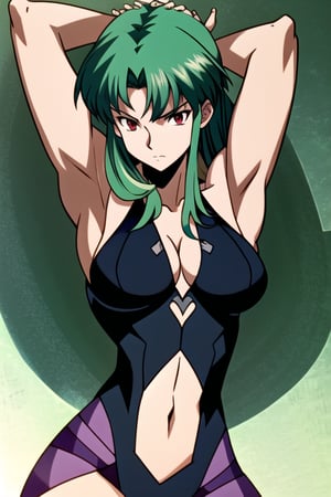 Morrigan
Muscular female, buff woman, biceps, big bearsts, abs, very straight long hair, missy fuzzy hair, green hair, shiny hair, shiny skin, emotionless eyes, red eyes, linked eyelashes, splenetic_expressions, closed mouth,evangelion anime style,morrigan_aensland_aiwaifu