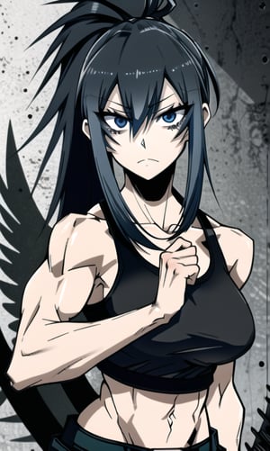 makima \(chainsaw man\), muscular_female, solo, buff_woman, biceps, at_the_gym, behind_the_jail_bars, very long ponytail hair, black hair, shiny hair, emotionless eyes, thick linked eyelashes, black eyes, tank top shirt, shaped clothes, black pantalon, blush, cool expressions, closed_mouth ,Defaults17Style,ESDEATH
