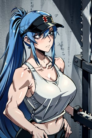 makima \(chainsaw man\), muscular_female, solo, buff_woman, biceps, at_the_gym, behind_the_jail_bars, very long ponytail hair, black hair, shiny hair, emotionless eyes, thick linked eyelashes, black eyes, tank top shirt, shaped clothes, black pantalon, blush, cool expressions, closed_mouth ,Defaults17Style,ESDEATH