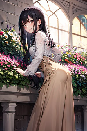 flower garden, 1girl, long skirt, beige blouse, from side, smile, black long hair, expressionless, spanking, (evil, heinous, amoral)
