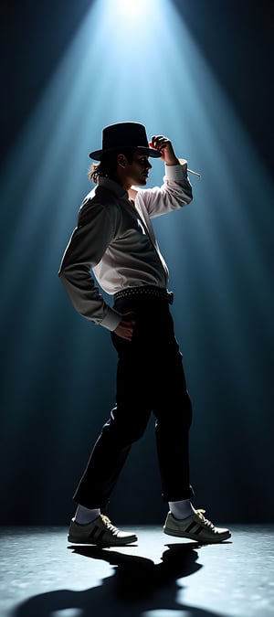 A stunning image of Michael Jackson, frozen in an iconic pose as he bends at the waist (1.2) to showcase his slender legs, pointed sideways and gazing into the distance with a captivating intensity. He holds his hat with one hand, while the other leg is splayed wide apart, creating a striking composition. The spotlight shines brightly on him, illuminating the dark surroundings in a dramatic flair.