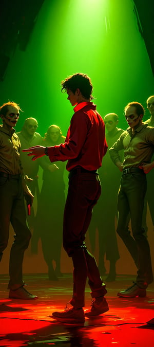 score_9, score_8_up, score_7_up,Red and Green Theme,
Very stylish and handsome. Iconic pose of Michael Jackson. Very thin legs, arms outstretched looking at viewer. Crossed legs, spotlight in the dark, (He points his hand toward us:1.2), 
Zombie back up dancers, Halloween cartoon style, (dancing1:2)
