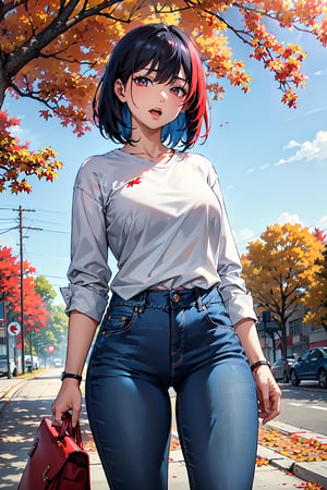 Female figure wearing black shirt, blue denim jeans, red and white shirt, outdoors, 1 girl, pants, chest, denim, bag, colored innerwear, sky, black hair, jeans, shirt, fall, autumn leaves, alone, day, viewer, tree, white shirt, open mouth, colored hair, red hair, blue sky, long sleeve,mature female