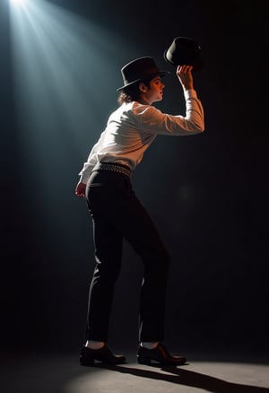 Very stylish and handsome.
Iconic pose of Michael Jackson.(Bending at the waist:1.2),
Very thin legs, looking sideways and pointing into the distance. Hold the hat,
Spotlight in the dark,
score_9, score_8_up, score_7_up,