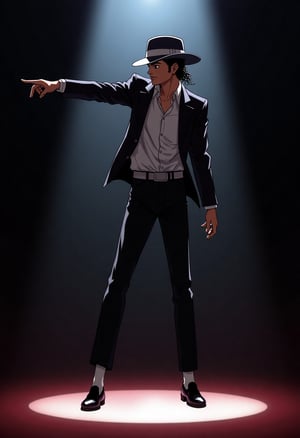 Very stylish and handsome.
Iconic pose of Michael Jackson.
Very thin legs, looking sideways and pointing into the distance.Spotlight in the dark,
score_9, score_8_up, score_7_up,source_anime,score_6, 