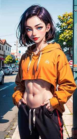 1 girl, beautiful Korean girl, (Cute Loose Bob hair), (wearing a cropped hoodie, capri sweatpants:1.5), (hands in pockets:1.5), (red lips:1.3), (small breasts:1.3), (toned stomach:1.3), (eyelashes:1.2), (aegyo sal:1.2), beautiful detailed eyes, symmetrical eyes, (detailed face), immersive background, volumetric haze, global illumination, soft lighting, (flowing hair), (bright smile), natural lighting, (realistic:1.5), (lifelike:1.4), (4k, digital art, masterpiece), High detail digital painting, realistic, (top quality), (soft shadows), (best character art), ultra high resolution, highly detailed digital artwork, physically-based rendering, realism with an artistic touch, vibrant colors, f2.2 lens, soft palette, natural beauty