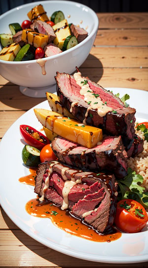 Food photography, grilled beef,grilled vegetables,in a luxurious Michelin kitchen style, studio lighting, depth of field, ultra detailed --q 1