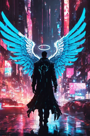 1 anime girl,full dress, Glowing White dress,White angel_wings,((saint's halo:0.8)),non-playable character (NPC), standing in a city at night, a standing still,((side angle shot,Half body view)),2019 anime trends,eboy,cyberpunk influences,digital cyberpunk art,ArtStation, Beeple, and Pinterest,Tron and Lucifer,(AMOLED display colors),((atmospheric with modern cyberpunk influences)),detailed lighting,highly stylish,1 angel,an anime wallpaper.,Leonardo Style,dripping paint,oni style