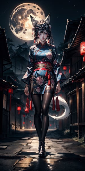 Girl, Blue Samurai, Ghost, Walking through a Haunted Village, Night Sky, Full Moon, Realistic, Full HD, Best Quality, (wooden fox mask on side:1.2), fantasy world, 4k, 8k, UHD, ultra quality, best quality, masterpiece, dinamic angle, traditional chinese clothing, (open face), midjourney