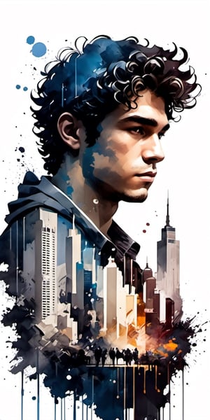 (((16K, aesthetic-masterpiece, best quality, very_high_resolution, perfectly_detailed, artistic-masterpiece, centralized))), double exposure style, (((silhouettes of a boy))), 1boy, 19yo,  Waist-up portrait,  messy curly hair, ((clean shaved face)) and a city skyscrapers, grayscale, white background, paint splash. Ink. ,Leonardo Style,ink ,style,James Gilleard