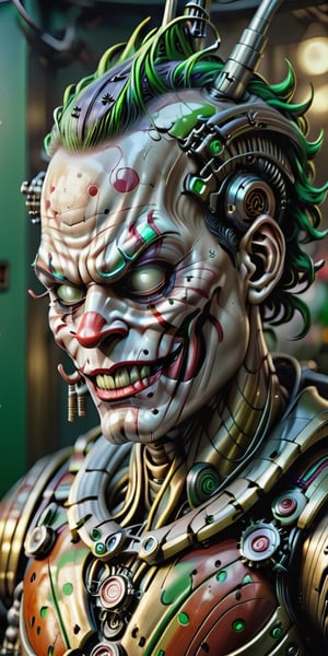 Masterpiece, best quality, absurdres, 8k, perfectly_detailed, close-up image of A cyborg clown, (((based on the image of The Joker from DC Comics))), cables in exchange for hairs, green cables, chaotic backgrounds. Mechanical parts, titanium alloy frame, ceramics coating, muscles, cables and gears, strong. H.R.Geiger.  ,c1bo,DonMChr0m4t3rr4XL ,cyborg style,oni style