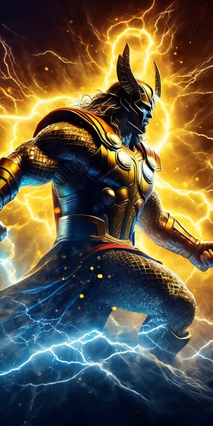 Ultra detailed illustration of the silhouette of Thor Odinson from Marvel, holding Mjolnir phantasmagorical figure, (((translucent skin:1.5))), (((translucent body:1.5))), white and Golden lights, light particles, colorful, cmyk colors, backlit, Lightning aura.,wave art style