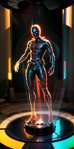 (((1boy))), image of Deadpool of Marvel, (((sole_male))),  (((toned_male))), (red colored kevlar armor, and leather gloves), Hologram image, (((hologram, translucent, translucent body, phantasmagorical figure,  transparent body,  3D-wireframes structures, augmented reality projection, chromatic aberration, glowing, red theme, outline glow, red monochrome, hologram projector))), full body, perfectly_detailed, (masterpiece:1.2), hires, ultra-high resolution, 8K, high quality, (sharp focus:1.2), clean, crisp, cinematic, ,photorealistic,DeadpoolStyle