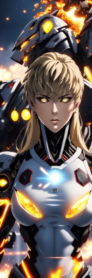 ((masterpiece, best quality)), female (((Genos))), One Punch Man, (((sole_female))), Cyborg, (((glowing yellow iris))), black_pupils, blond_hair, long_hair ,calm, collected, artificial skins,  robotic arms,  sleeveless_shirt, toned_female, muscular_body,  tall, metal details, background of buildings Tokyo Japan, light flashes, ((fire, explosion)), mix of fantastic and realistic elements, uhd image, vibrant artwork,,GENOS   ,scifi,1girl锛� roujinzhi,worldoffire,Mecha body,mecha,(blue:1.5),(red:1.5),SGBB