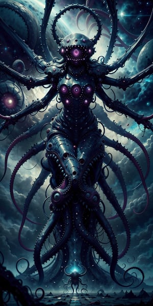Cosmic horror. Eldergod, (((Lovecraftian Horror))), divine, sacred, madness, eldritch horror.,eldritchtech, restrained,((ExtraArms,extra arms)), multiple arms, hundreds of arms and tentacles.