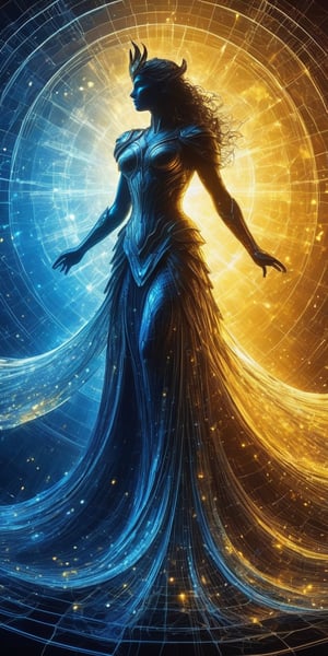 Ultra detailed illustration of the silhouette of Frigga from Marvel, phantasmagorical figure, (((translucent skin:1.5))), (((translucent body:1.5))), blue (and) gold lights, light particles, colorful, cmyk colors, backlit, (Magic aura).,wave art style