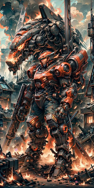 (8k uhd, masterpiece, best quality, high quality, absurdres, ultra-detailed, detailed background, centralized, full-body portrait),  humanoid entity, bipedal,  (( wearing a half-face helmet )),  ((black-colored exoskeleton armor)), ((mechanical exoskeleton arms)), mecha_musume, mecha fusion, ((exoskeleton, bodysuit, mechanical parts)), ((dual-wielding gattling gun)), standing, in the middle.of the empty street of a post-apocalyptic city, ruins, debris, torned up buildings, cloudy sky, gloomy atmosphere,
Detailed_background, ultra_sharp image, anatomically_correct,  proportionate body-ratio. ,exoskeleton, mecha musume,mecha,worldoffire