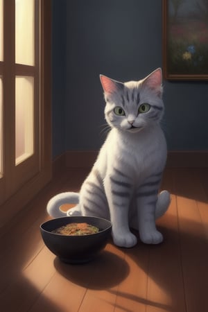 a painting of a cute cat laying on its side waiting for food. The cat has a white chest and dark stripes on her back. The cat is waiting in a room with many flowersd and plants. the room is dark but illuminated by a blue mppn. The blue rays of light shoot through the room. There is an empty bowl of food that the cat is waiting to be filled. There are coloful plants behind the cat that are blooming. 
