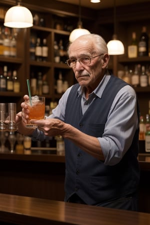 a old man at a bar waiting for a drink. The bartender slids a drink across the bar table. The old man catches it. The bar is very dark and crowded. 
